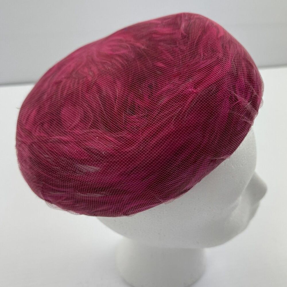 Vintage Pink Feather Fascinator Hat Veil Netting Pillbox Retro Church Small